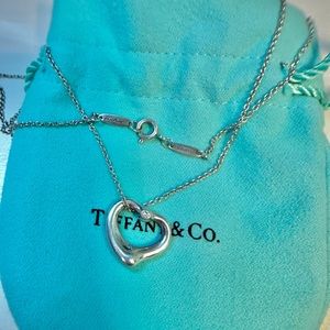 Tiffany & Co. Elsa Peretti Silver Open Heart Pendant Diamond -16mm - 16" Long